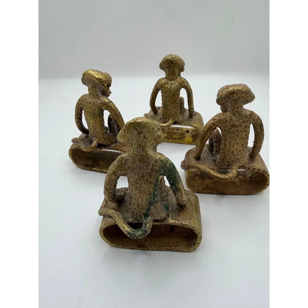 Vintage Brass Monkey Napkin Rings Set of 4 Heavy Cast Metal Figural Table Decor